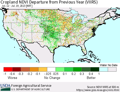 United States Cropland NDVI Departure from Previous Year (VIIRS) Thematic Map For 7/11/2023 - 7/20/2023