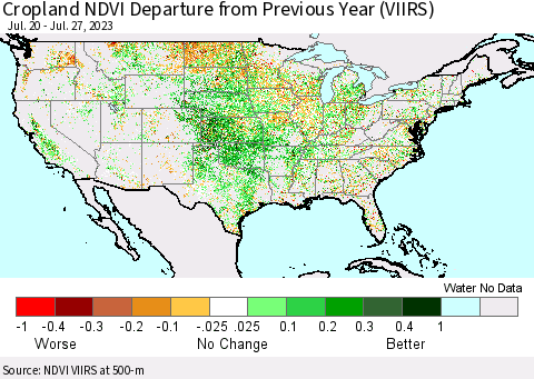 United States Cropland NDVI Departure from Previous Year (VIIRS) Thematic Map For 7/20/2023 - 7/27/2023