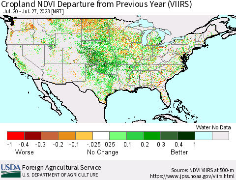 United States Cropland NDVI Departure from Previous Year (VIIRS) Thematic Map For 7/21/2023 - 7/31/2023