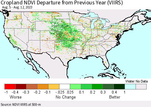 United States Cropland NDVI Departure from Previous Year (VIIRS) Thematic Map For 8/5/2023 - 8/12/2023