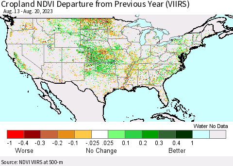 United States Cropland NDVI Departure from Previous Year (VIIRS) Thematic Map For 8/13/2023 - 8/20/2023