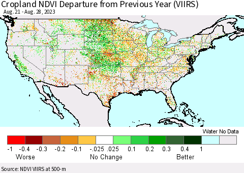 United States Cropland NDVI Departure from Previous Year (VIIRS) Thematic Map For 8/21/2023 - 8/28/2023