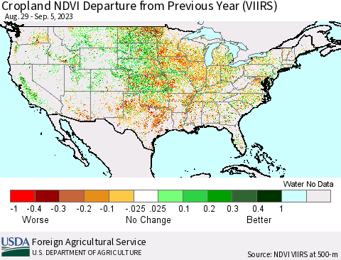 United States Cropland NDVI Departure from Previous Year (VIIRS) Thematic Map For 9/1/2023 - 9/10/2023