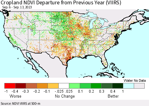 United States Cropland NDVI Departure from Previous Year (VIIRS) Thematic Map For 9/6/2023 - 9/13/2023