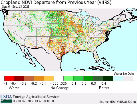 United States Cropland NDVI Departure from Previous Year (VIIRS) Thematic Map For 9/11/2023 - 9/20/2023
