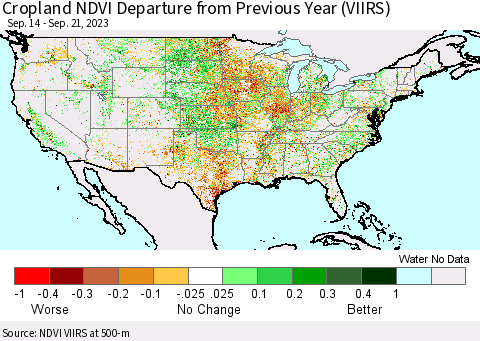 United States Cropland NDVI Departure from Previous Year (VIIRS) Thematic Map For 9/14/2023 - 9/21/2023