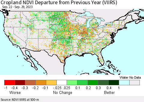 United States Cropland NDVI Departure from Previous Year (VIIRS) Thematic Map For 9/22/2023 - 9/29/2023