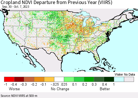 United States Cropland NDVI Departure from Previous Year (VIIRS) Thematic Map For 9/30/2023 - 10/7/2023