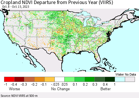 United States Cropland NDVI Departure from Previous Year (VIIRS) Thematic Map For 10/8/2023 - 10/15/2023