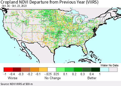 United States Cropland NDVI Departure from Previous Year (VIIRS) Thematic Map For 10/16/2023 - 10/23/2023