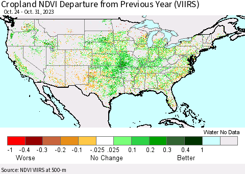 United States Cropland NDVI Departure from Previous Year (VIIRS) Thematic Map For 10/24/2023 - 10/31/2023