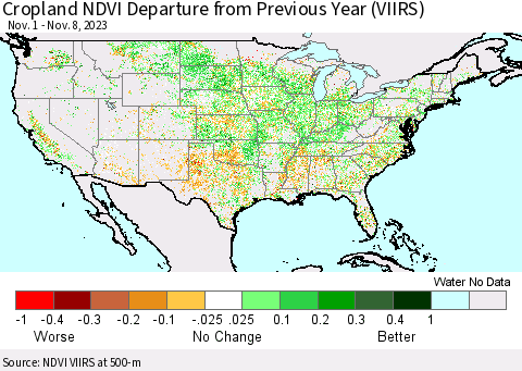 United States Cropland NDVI Departure from Previous Year (VIIRS) Thematic Map For 11/1/2023 - 11/8/2023