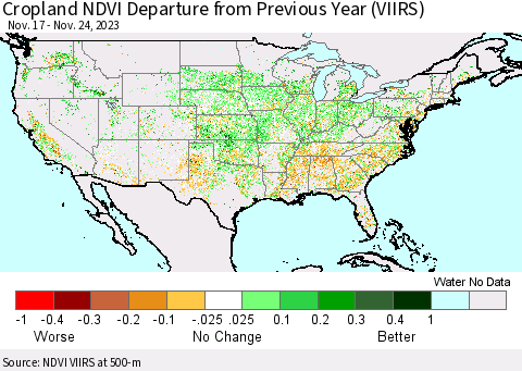 United States Cropland NDVI Departure from Previous Year (VIIRS) Thematic Map For 11/17/2023 - 11/24/2023