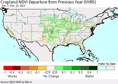 United States Cropland NDVI Departure from Previous Year (VIIRS) Thematic Map For 12/3/2023 - 12/10/2023