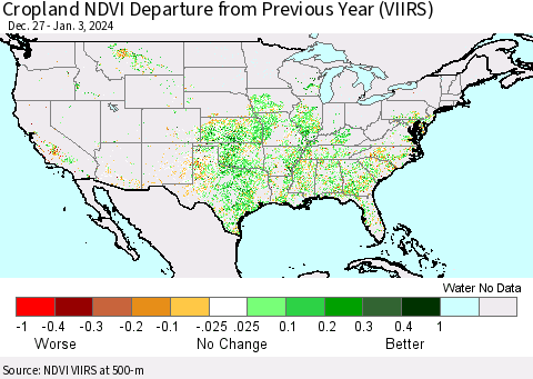 United States Cropland NDVI Departure from Previous Year (VIIRS) Thematic Map For 12/27/2023 - 1/3/2024