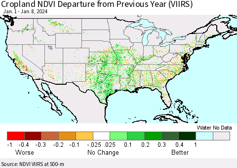 United States Cropland NDVI Departure from Previous Year (VIIRS) Thematic Map For 1/1/2024 - 1/8/2024