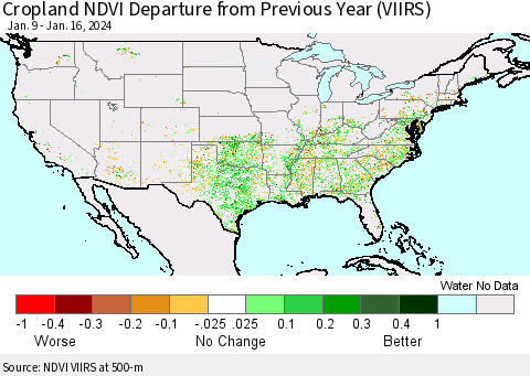 United States Cropland NDVI Departure from Previous Year (VIIRS) Thematic Map For 1/9/2024 - 1/16/2024