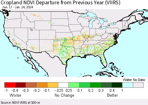 United States Cropland NDVI Departure from Previous Year (VIIRS) Thematic Map For 1/17/2024 - 1/24/2024