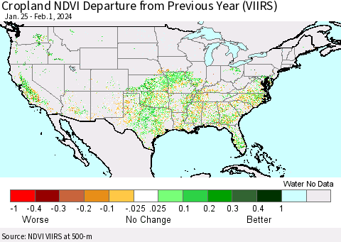United States Cropland NDVI Departure from Previous Year (VIIRS) Thematic Map For 1/25/2024 - 2/1/2024