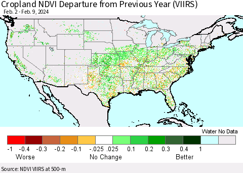 United States Cropland NDVI Departure from Previous Year (VIIRS) Thematic Map For 2/2/2024 - 2/9/2024