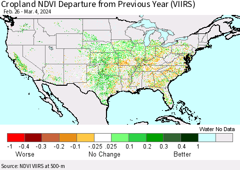 United States Cropland NDVI Departure from Previous Year (VIIRS) Thematic Map For 2/26/2024 - 3/4/2024