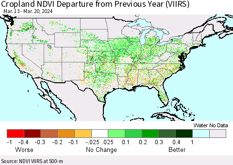 United States Cropland NDVI Departure from Previous Year (VIIRS) Thematic Map For 3/13/2024 - 3/20/2024