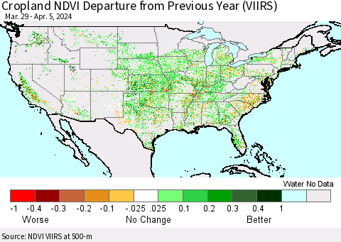 United States Cropland NDVI Departure from Previous Year (VIIRS) Thematic Map For 3/29/2024 - 4/5/2024