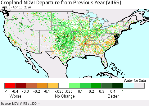 United States Cropland NDVI Departure from Previous Year (VIIRS) Thematic Map For 4/6/2024 - 4/13/2024