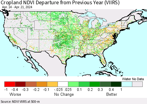 United States Cropland NDVI Departure from Previous Year (VIIRS) Thematic Map For 4/14/2024 - 4/21/2024