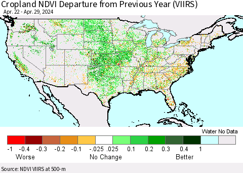 United States Cropland NDVI Departure from Previous Year (VIIRS) Thematic Map For 4/22/2024 - 4/29/2024