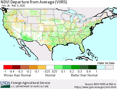 United States NDVI Departure from Average (VIIRS) Thematic Map For 3/1/2020 - 3/10/2020
