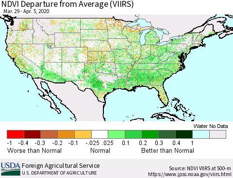 United States NDVI Departure from Average (VIIRS) Thematic Map For 4/1/2020 - 4/10/2020