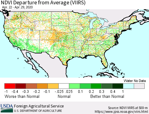 United States NDVI Departure from Average (VIIRS) Thematic Map For 4/21/2020 - 4/30/2020