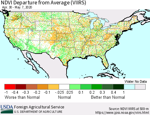 United States NDVI Departure from Average (VIIRS) Thematic Map For 5/1/2020 - 5/10/2020