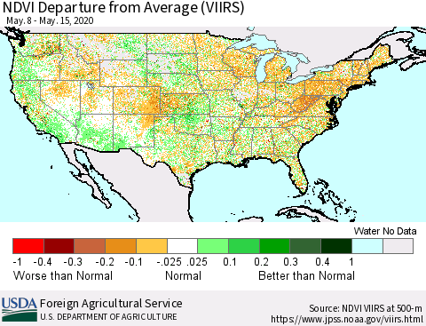 United States NDVI Departure from Average (VIIRS) Thematic Map For 5/11/2020 - 5/20/2020
