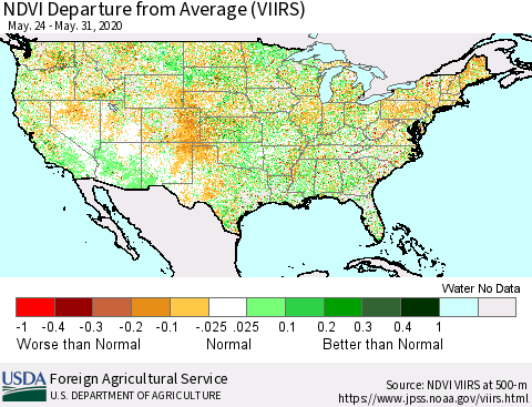 United States NDVI Departure from Average (VIIRS) Thematic Map For 5/21/2020 - 5/31/2020