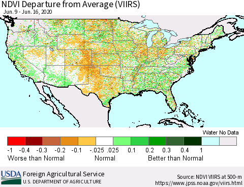 United States NDVI Departure from Average (VIIRS) Thematic Map For 6/11/2020 - 6/20/2020