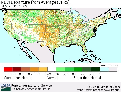 United States NDVI Departure from Average (VIIRS) Thematic Map For 6/21/2020 - 6/30/2020