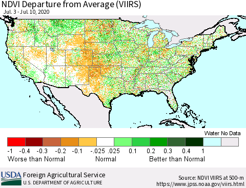 United States NDVI Departure from Average (VIIRS) Thematic Map For 7/1/2020 - 7/10/2020