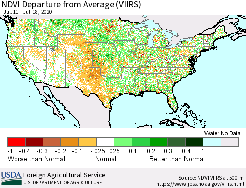 United States NDVI Departure from Average (VIIRS) Thematic Map For 7/11/2020 - 7/20/2020