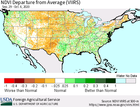 United States NDVI Departure from Average (VIIRS) Thematic Map For 10/1/2020 - 10/10/2020