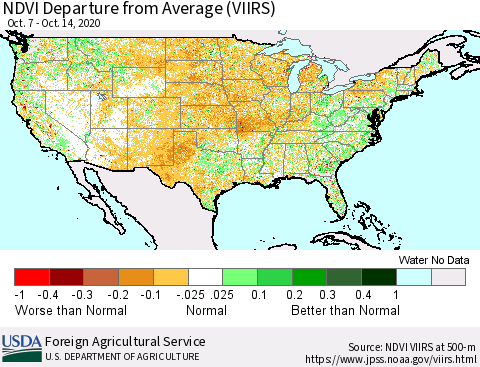 United States NDVI Departure from Average (VIIRS) Thematic Map For 10/11/2020 - 10/20/2020