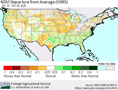 United States NDVI Departure from Average (VIIRS) Thematic Map For 10/21/2020 - 10/31/2020