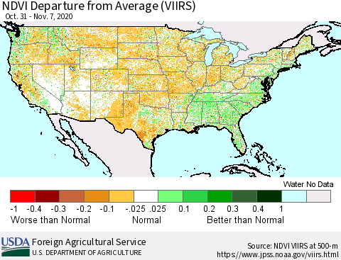 United States NDVI Departure from Average (VIIRS) Thematic Map For 11/1/2020 - 11/10/2020