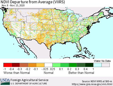 United States NDVI Departure from Average (VIIRS) Thematic Map For 11/11/2020 - 11/20/2020