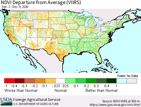 United States NDVI Departure from Average (VIIRS) Thematic Map For 12/1/2020 - 12/10/2020