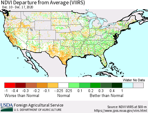 United States NDVI Departure from Average (VIIRS) Thematic Map For 12/11/2020 - 12/20/2020