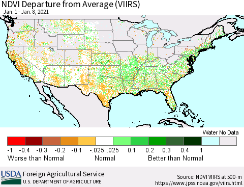 United States NDVI Departure from Average (VIIRS) Thematic Map For 1/1/2021 - 1/10/2021