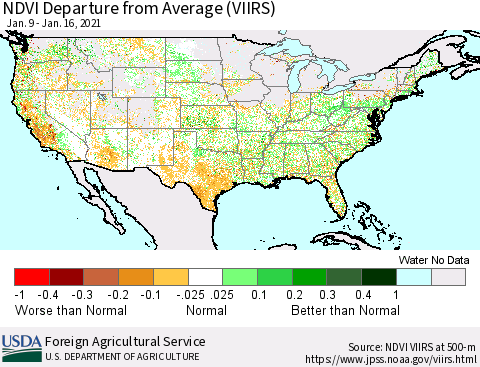 United States NDVI Departure from Average (VIIRS) Thematic Map For 1/11/2021 - 1/20/2021