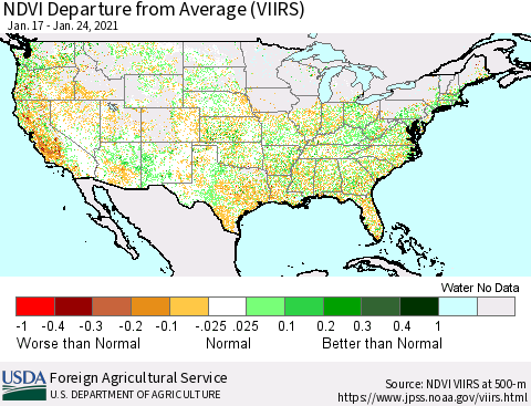 United States NDVI Departure from Average (VIIRS) Thematic Map For 1/21/2021 - 1/31/2021